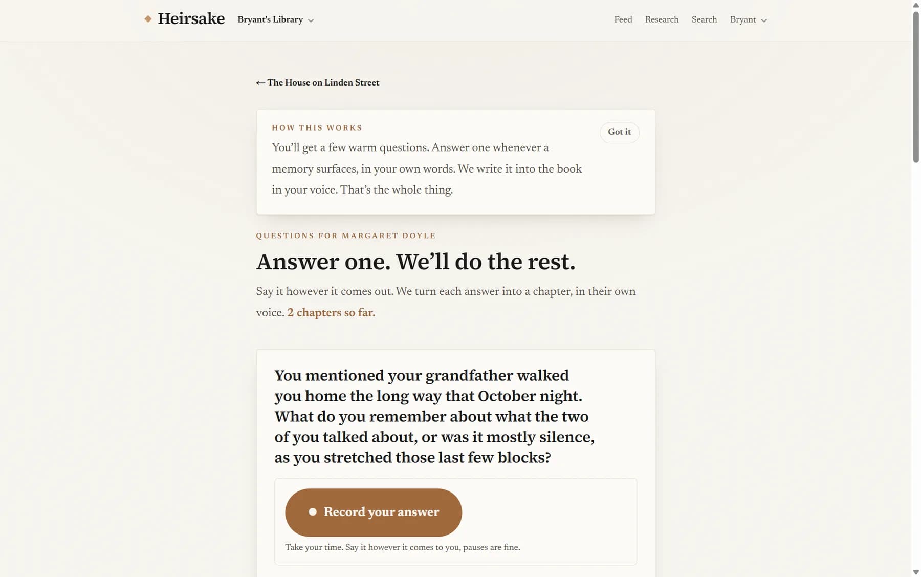Heirsake's weekly questions, written warmly for the storyteller, with a place to answer by voice or in writing.