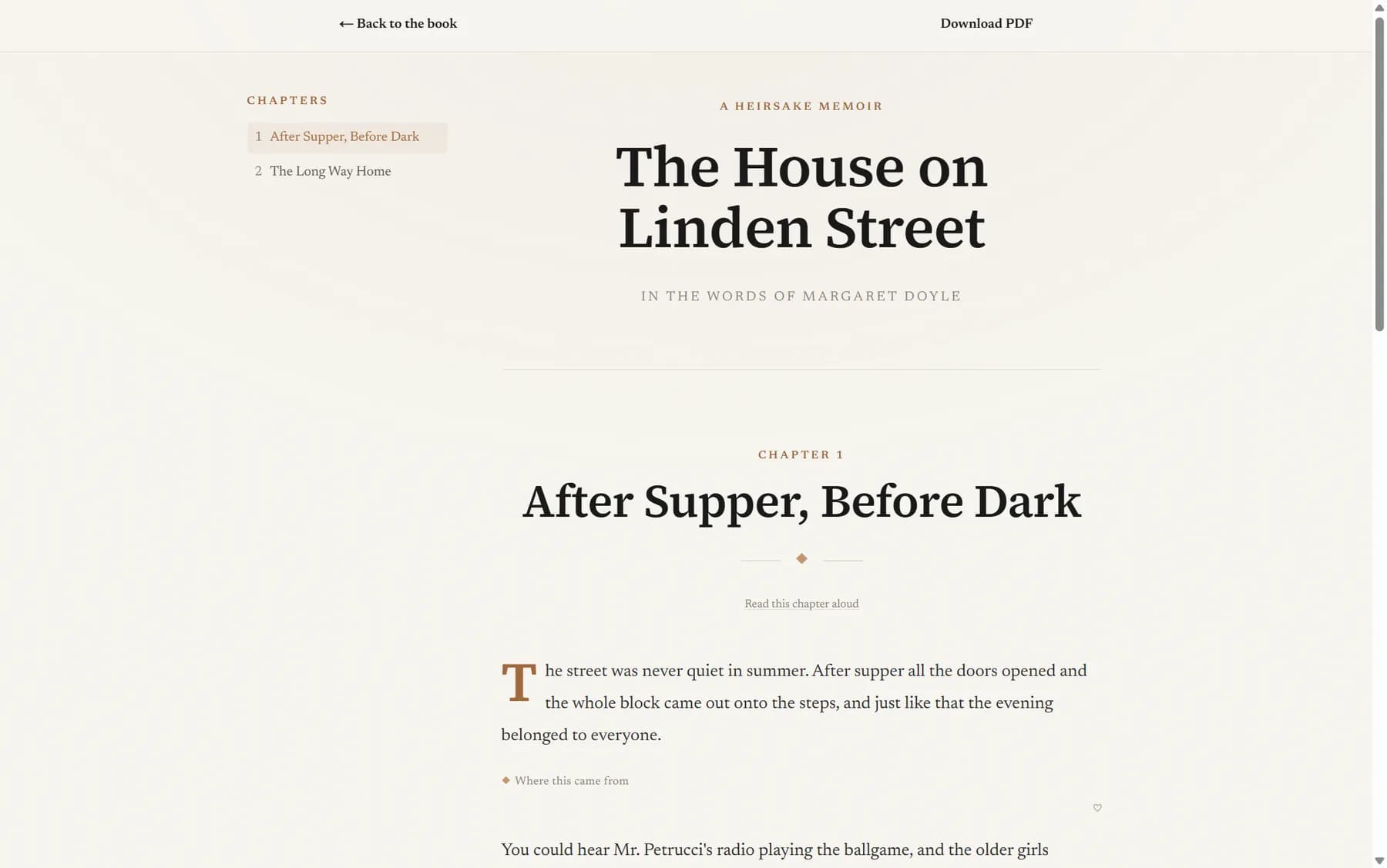 A finished chapter in the Heirsake reader, titled After Supper, Before Dark, set in a warm serif with a copper drop cap.
