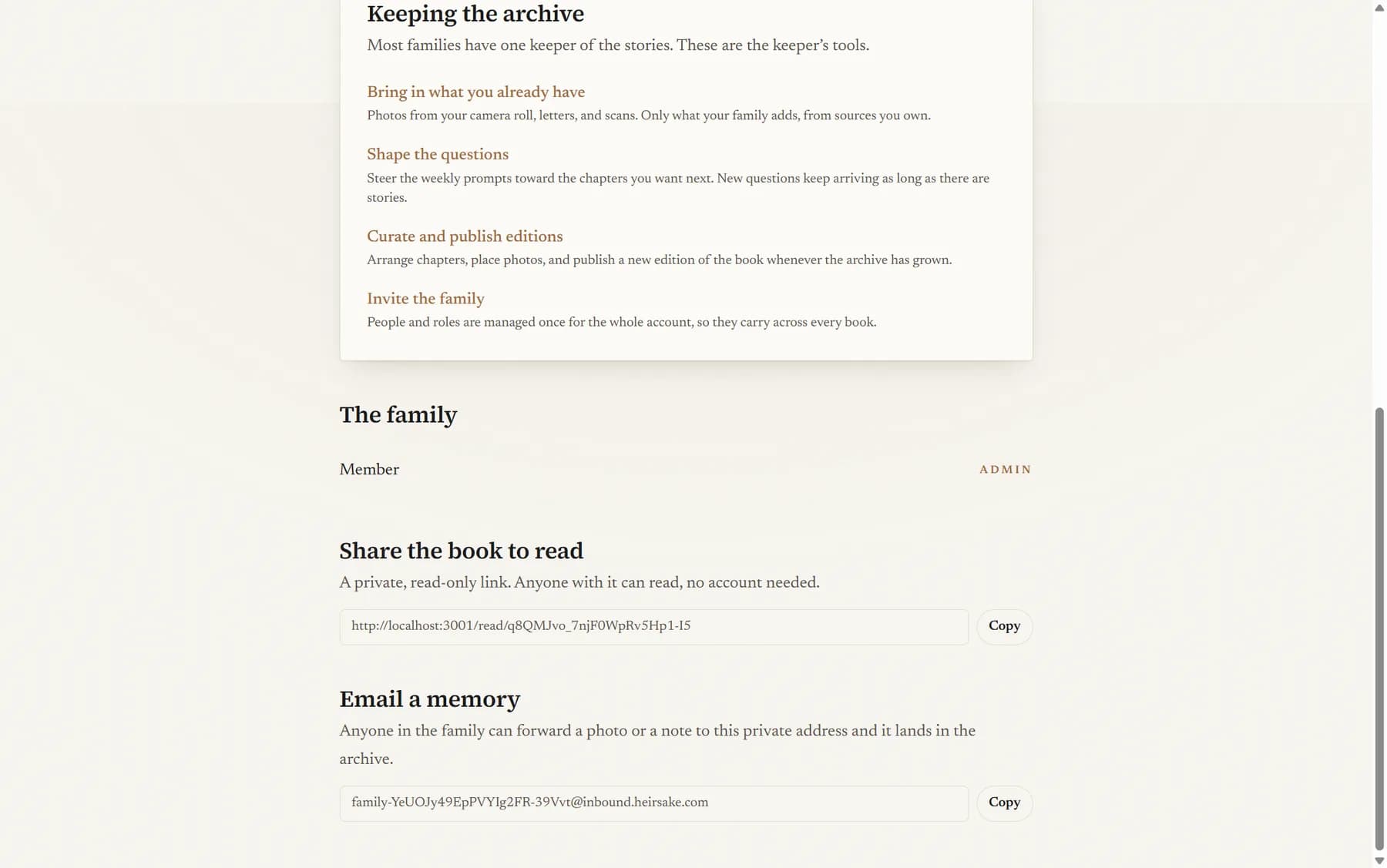 The book's sharing options: a private read-only link, and a private address the family can email photos and notes to.